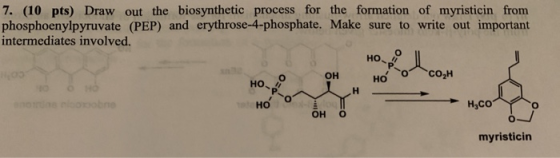 7. (10 pts) Draw out the biosynthetic process for the formation of myristicin from phosphoenylpyruvate (PEP) and erythrose-4-
