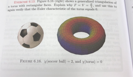 EXERCISE 6.13. Figure 6.16 (right) shows a generalized triangulation of a torus with rectangular faces. Explain why F = V = ,