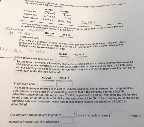 Pharoah Industries sells two electrical components with the following characteristics. Fixed costs for the company are $202,0