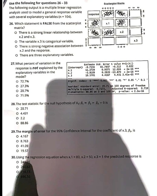 Use the following for questions 26-33 The following output is a multiple linear regression analysis used to model a general r