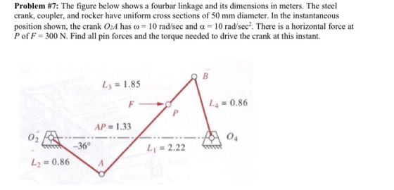 Problem #7: The figure below shows a fourbar linkage and its dimensions in meters. The steel crank, coupler, and rocker have