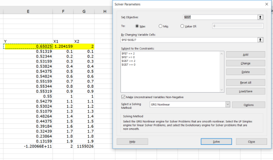 Solver Parameters SEST Set Objective: To: O Max By Changing Variable Cells: SF$7:$G$27 X1 X2 0.65025i 1.204159 Subject to the