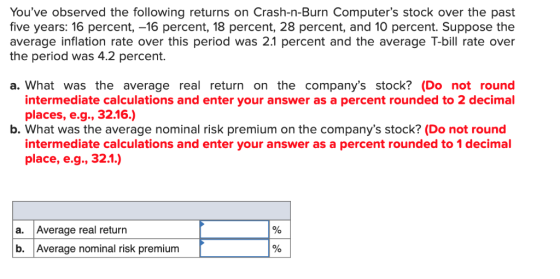 Youve observed the following returns on Crash-n-Burn Computers stock over the past five years: 16 percent, -16 percent, 18
