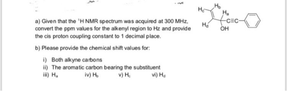 Нь He Ha -CEC Hd a) Given that the H NMR spectrum was acquired at 300 MHz, convert the ppm values for the alkenyl region to