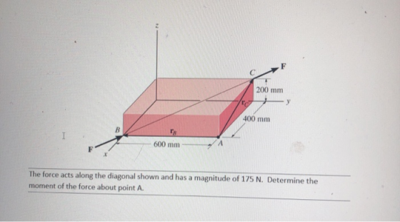 200 mm 400 mm 600 mm The force acts along the diagonal shown and has a magnitude of 175 N. Determine the moment of the force