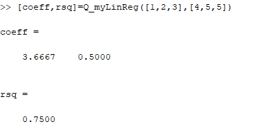 > [coeff,rsql-o myLinReg ([1,2,3], 04,5,5]) coeff = 3.6667 0. 0.5000 AKI 0.7500