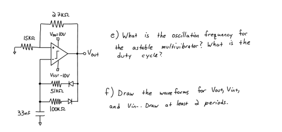 e) What is the osecila hin frezueney foc VooloV ISKS the astable mvlhivibrator? Whot is the duty cycle? Vss--l0V Draw the wav