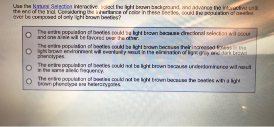 Use the Natural Selection interactive, select the light brown background, and advance the interactive until the end of the tr