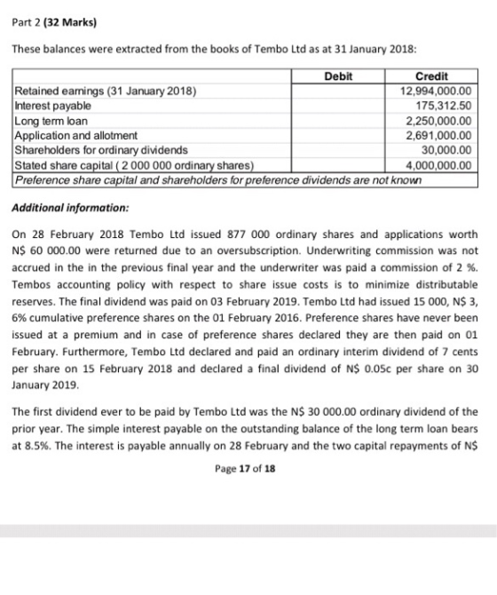 Part 2 (32 Marks) These balances were extracted from the books of Tembo Ltd as at 31 January 2018 Debit Credit Retained eamin