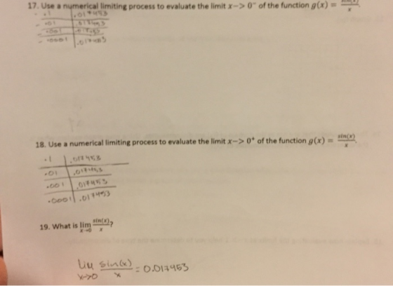 17.Use a numerical limiting process to evaluate the limit x-> 0 of the function g(x) 18. Use a numerical limiting process to