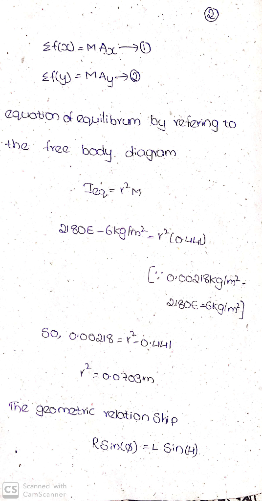 Eflod MA y)= MAy 2quation of eauilibrum by vefang to the free bodų. diagam Te M 80E o02/gin E-skg/m SO, O oo18 00203m The geo