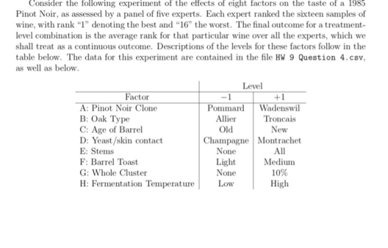 Consider the following experiment of the effects of eight factors on the taste of a 1985 Pinot Noir, as assessed by a panel o