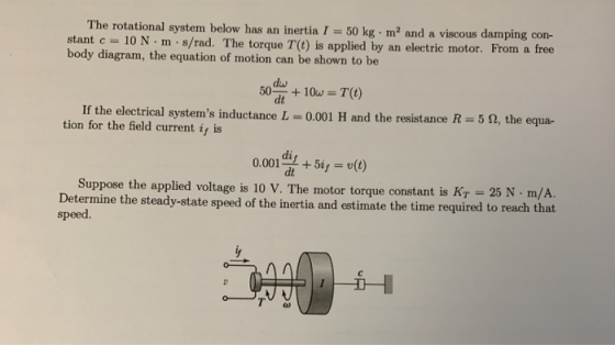 The rotational system below has an inertia I = 50 kg m2 and a viscous damping con- stant c 10N -m s/rad. The torque T(t) is a