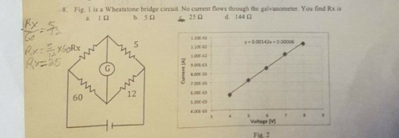 8. Fig. 1 is a Wheatstone bridge circuit. No current flows through the galvanometer. You find Rx is d. 144 Ω b. 5Ω 1 296-02 1