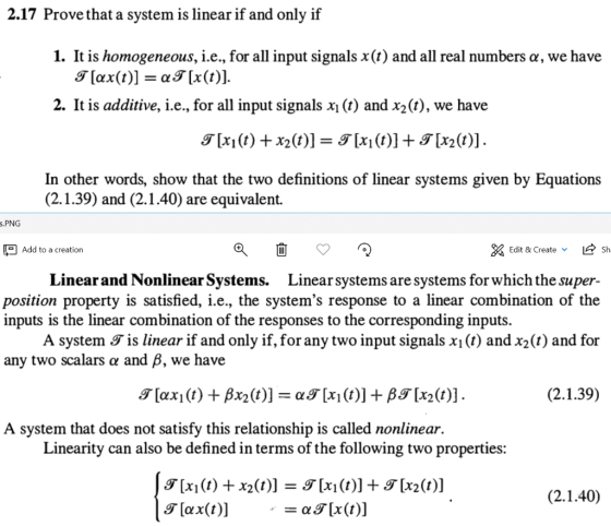 2.17 Prove that a system is linear if and only if 1. It is homogeneous, i.e., for all input signals x(t) and all real numbers