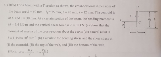 4. (30%) For a beam with a T-section as shown, the cross-sectional dimensions of 12 mm. The centroid is 75 mm, h = 90 mm, t t