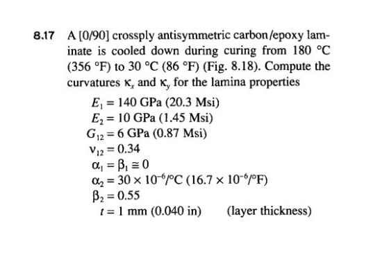 8.17 A [0/90] crossply antisymmetric carbon/epoxy lam- inate is cooled down during curing from 180 oC (356 °F) to 30 °C (86 °