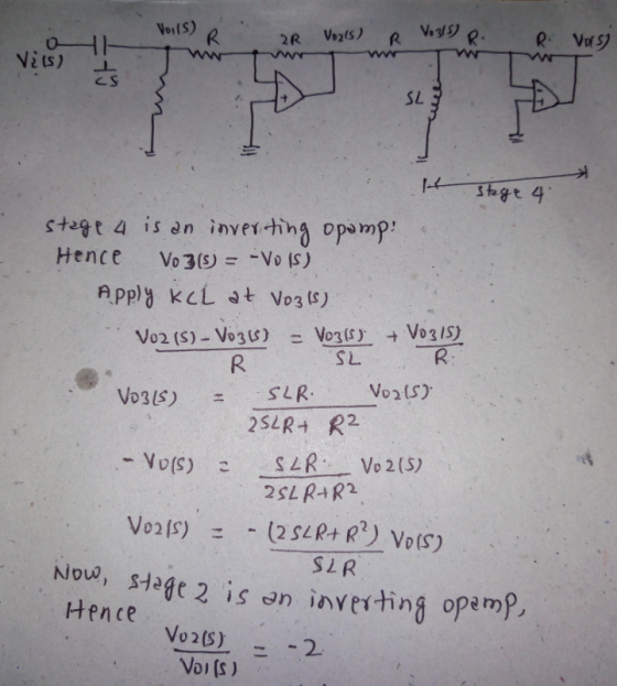 Vo(S) Vezts) R. R V35) R Vo S 2R O . b a845 stogt 4 is an inver-ting opamp: Hence Vo 3(S) = -Vo S ) Apply kcL at Vo3 s) Vo3(s