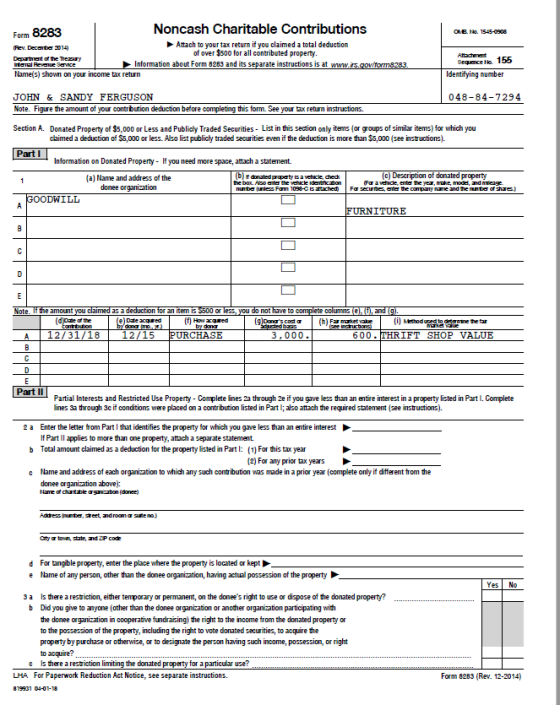 Noncash Charitable Contributions Attach to your tax return if you claimed a total deduction Form 8283 Rev. Decembe 3014) Depr