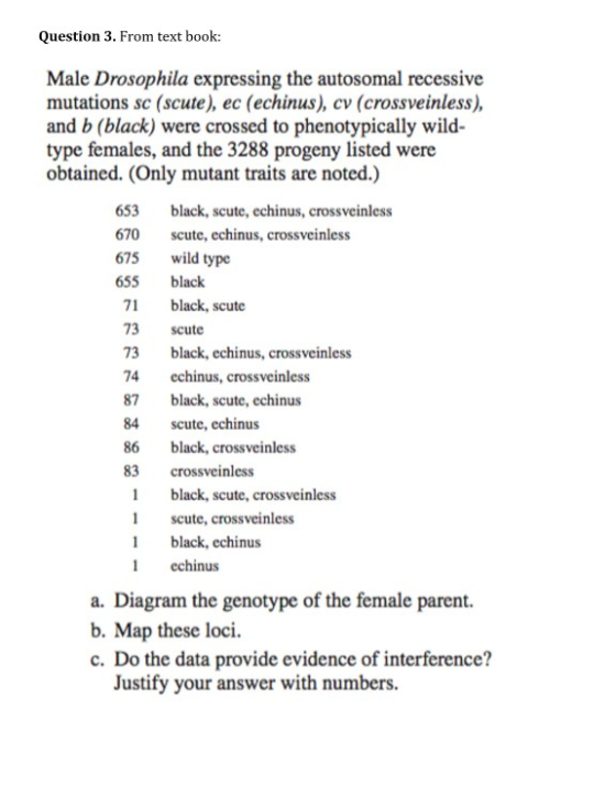 Question 3. From text book Male Drosophila expressing the autosomal recessive mutations sc (scute), ec (echinus), cv (crossve