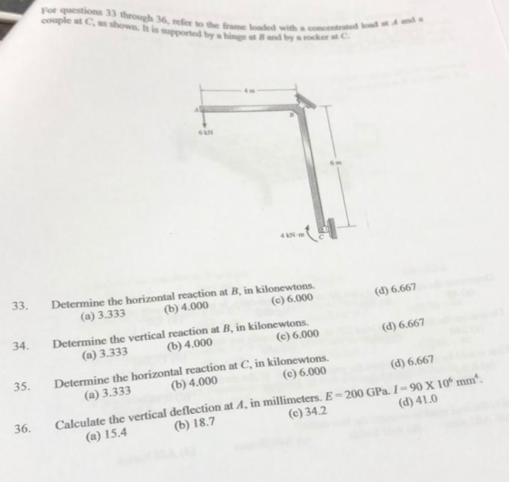 For questions 33 through 36, refer to the frame loaded with a concentrated load at A and a couple at C, as shown. It is suppo