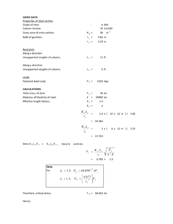 GIVEN DATA Properties of Steel section Grade of steel Column Section Gross area of cross section, Radii of gyration, A 992 W