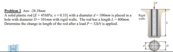 Problem 2 Ans: -28.38mm A solid plastic rod [E = 45MPa; v 0.33] with a diameter d= 100mm is placed in a hole with diameter D