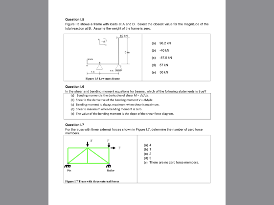 Question I.5 Figure 1.5 shows a frame with loads at A and D. Select the closest value for the magnitude of the total reaction