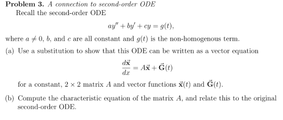 Problem 3. A connection to second-onter ODE Recall the second-order ODE ay + by cy g(t), where a 0, b, and c are all consta