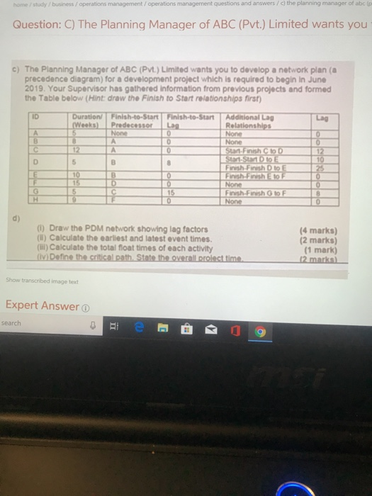 home /study / business/operations management/operations management questions and answers/c) the planning manager of abc (p Qu