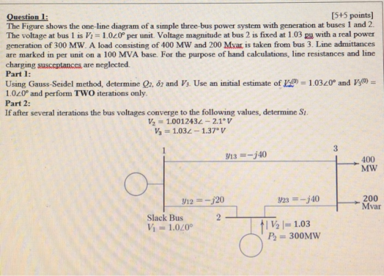 [5+5 points] Question 1: The Figure shows the one-line diagram of a simple three-bus power system with generation at buses 1