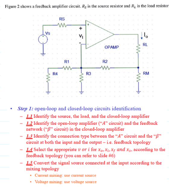 Figure 2 shows a feedback amplifier circuit. Rs is the source resistor and R, is the load resistor RS Vs VI RL OPAMP R2 R1 RM