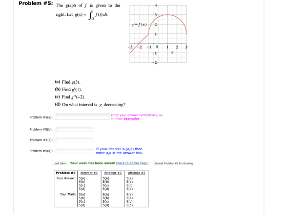 Problem #5: The graph of f is given to the 4- f() dt 3 right. Let g(x) y f(x) 2 2 1 0 1 3 1 (a) Find g(3) (b) Find g(1) (c)