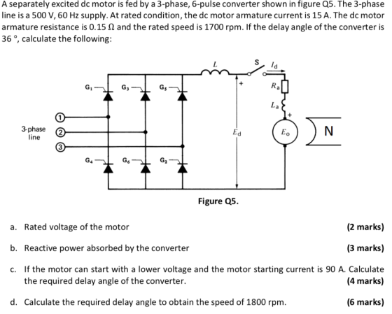 A separately excited dc motor is fed by a 3-phase, 6-pulse converter shown in figure Q5. The 3-phase line is a 500 V, 60 Hz s