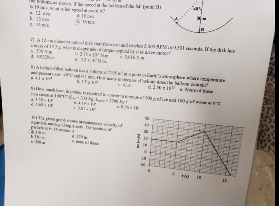he bottom, as shown. If her speed at the bottom of the hill (point B) is 19 m/s, what is her speed at point A? a. 12 m/s b. 1