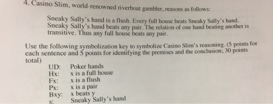 4. Casino Slim, world-renowned riverboat gambler, reasons as follows Sneaky Sallys hand is a flush. Every full house beats S