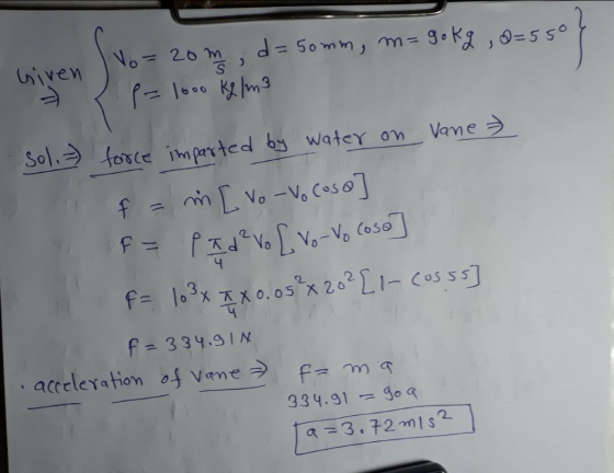 No=20S 3.K,0-550 uninos = P Given Sol.torce Tmparted by water on Vare fnin LVo-V, Coso 4 f= lo3x0.osx 202L1-Cosss] f 334.91 a