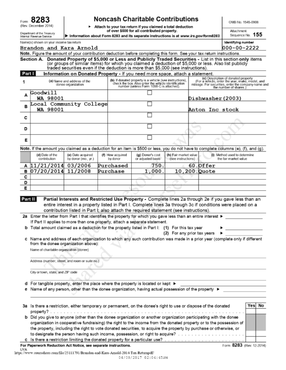 Fom 8283 Noncash Charitable Contributions OMB No. 1545-0908 (Rev. December 2014) Attach to your tax return if you claimed a t