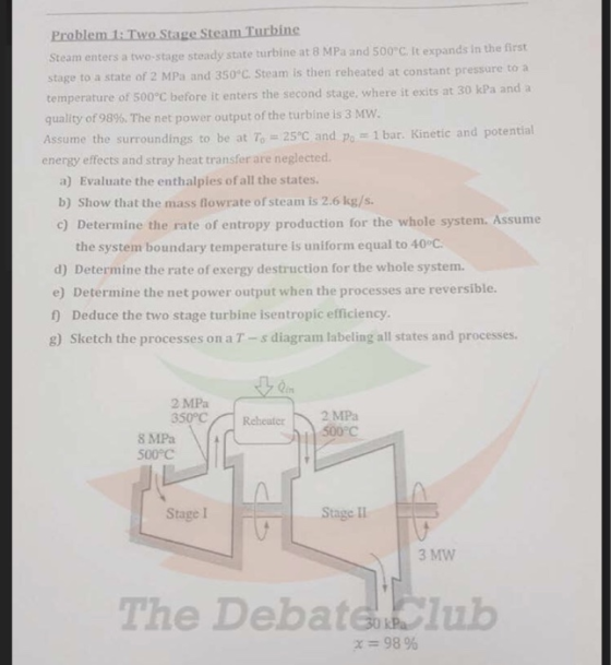 Steam enters a two stage steady state turbine at 8 MPa and 500 C. It expands in the first stage to a state of 2 MPa and 350°C