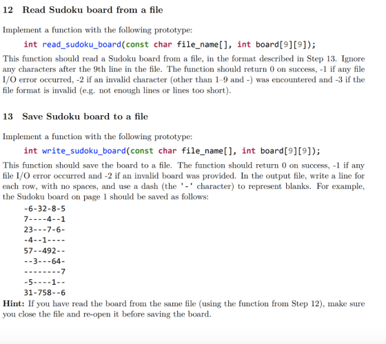 12 Read Sudoku board from a file Implement a function with the following prototype: int read_sudoku_board (const char file_na
