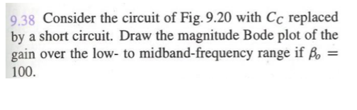 9.38 Consider the circuit of Fig. 9.20 with Cc replaced a short circuit. Draw the magnitude Bode plot of the gain over the lo