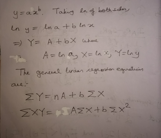 b -2 y=ax. Takiy lnd bethcdr Ln y ln a tb n ox Y-A +6X ahee The general lunian ageion equationn aue ZY=n A+b ZX EXY-TTAMX+b3x