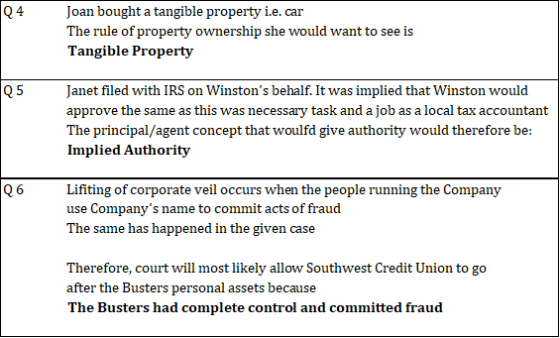 Q 4 Joan bought a tangible property i.e. car The rule of property ownership she would want to see is Tangible Property Q5 Jan