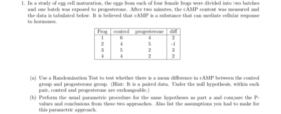 1. In a study of egg cell maturation, the eggs from each of four female frogs were divided into two batches and one batch was