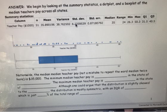 ANSWER: We begin by looking at the summary statistcs, a dotplot, and a boxplot of the median teachers pay across all states.