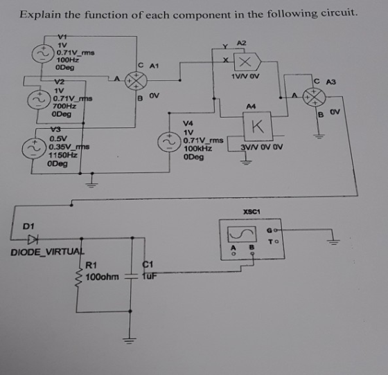 Explain the function of each component in the following circuit A2 1V 0.71V rms 100Hz C A1 1VN OV CA3 ov 0.71V A4 0V V4 1V 0.