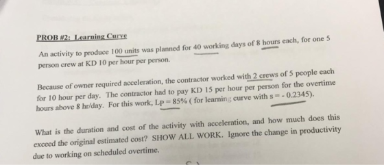 PROB #2: LearningCurve An activity to produce 100 units was planned for 40 working days of 8 hours each, for one 5 person cre