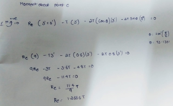 Moment abot point c Tue 2r (Cos 6)13) Cato) -T C3) aT Sino Re F(3) 0:4a 9-53-130 - ar Co6)(3)-2aT 0s (3) 0 Re Ca)-T3 3.6T