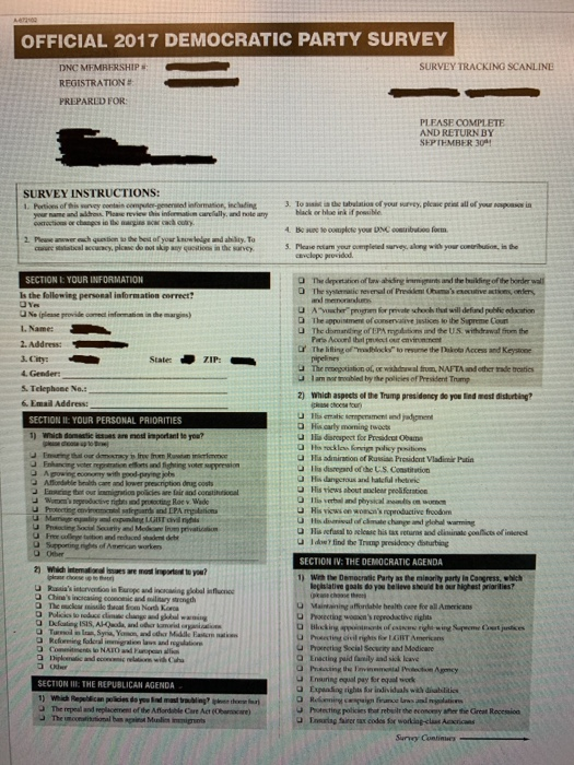 1 1 OFFICIAL 2017 DEMOCRATIC PARTY SURVEY SURVEY TRACKING SCANLINE REGISTRATION # PREPARED FOR: PLEASE COMPLETE AND RETURN BY