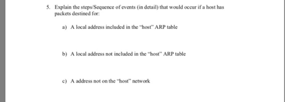 5. Explain the steps/Sequence of events (in detail) that would occur if a host has packets destined for: a) A local address i